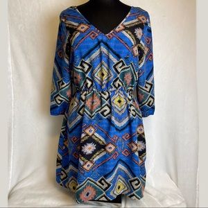 Daytrip Buckle Dress Medium Blue Boho Aztec Design Knee Length